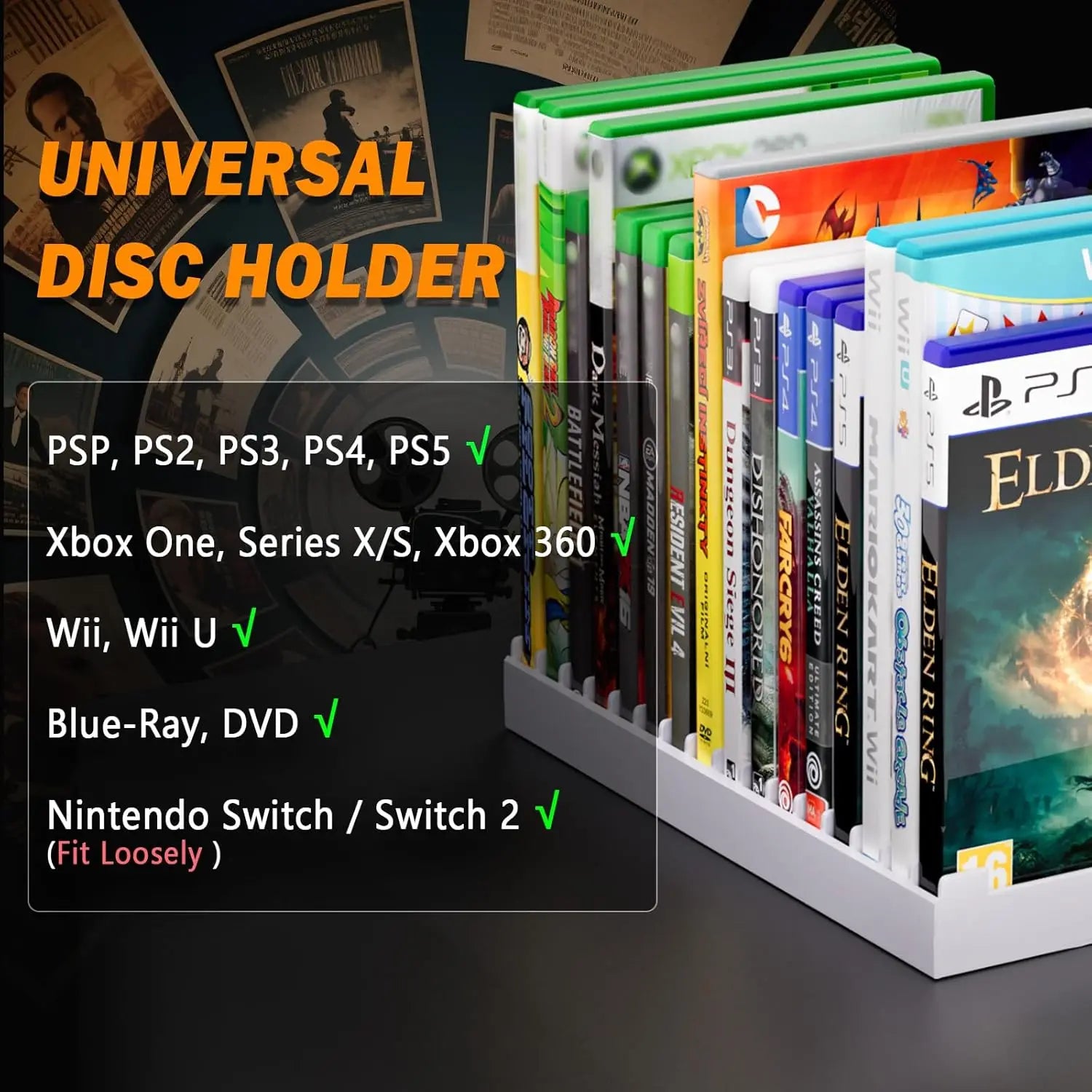 Video Game Storage Holder for for PS5/ PS4/ PS3/ PS2/ Xbox One/Xbox Series X/S/Wii/Switch/Switch 2 Game Cases, DVD